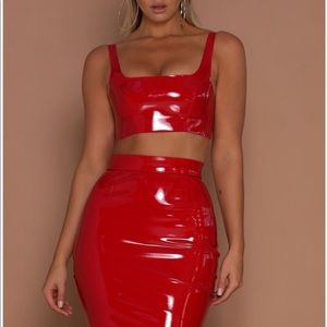MESHKI Red Latex Crop Top + Pencil Midi Skirt Set